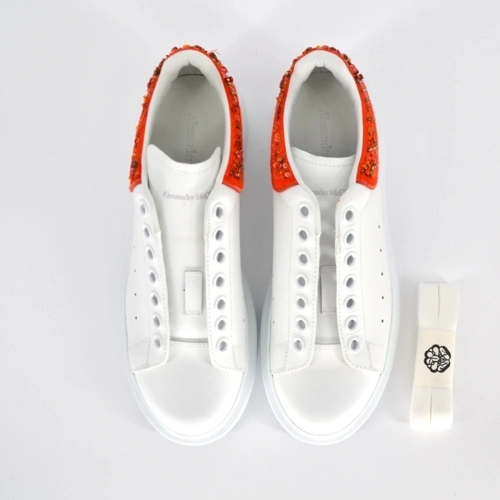 NEW Alexander Mcqueen Oversized Sneakers Sequin Beads White Red Leather Size 37